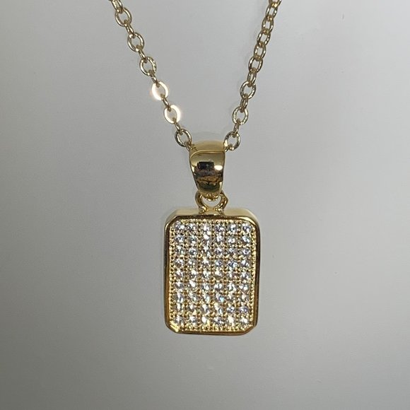 NEW Gold Tone Pave Set Rectangular Cubic Zirconia CZ Pendant + Chain - Picture 2 of 4
